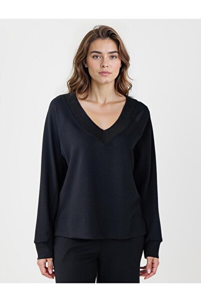 Jimmy Key Siyah Uzun Kollu V Yaka Örme Modal Sweatshirt