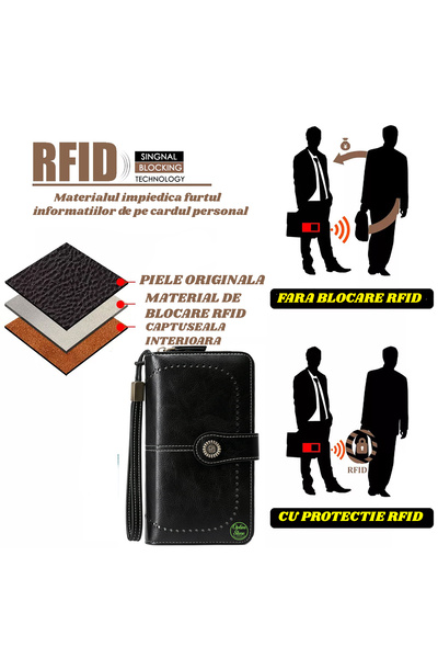 OptimStar Women's Wallet, Genuine Leather, RFID Blocking, 19.5x11.5x3.5cm, 3 Main Compartments, Black