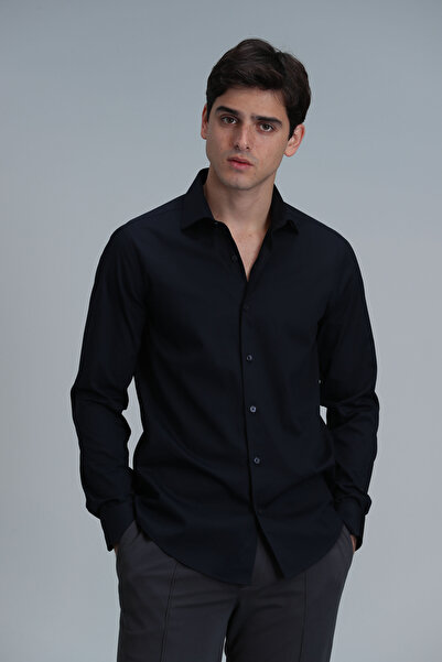 Lufian Ανδρικό πουκάμισο Navy Blue Basic Comfort Fit - Mega