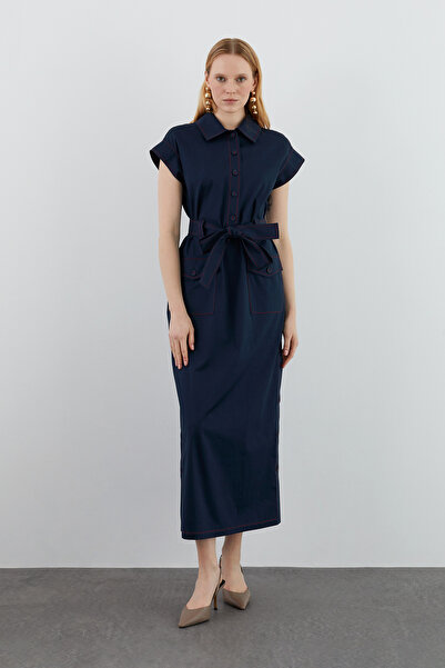 GİZİA Yaka Gömlek Formunda Düğme Detaylı Kontrast Dikiş Kısa Kol Uzun Laciver...