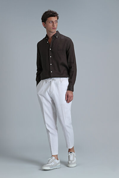 Lufian Pitaya Erkek Keten Gömlek Comfort Fit Kahverengi