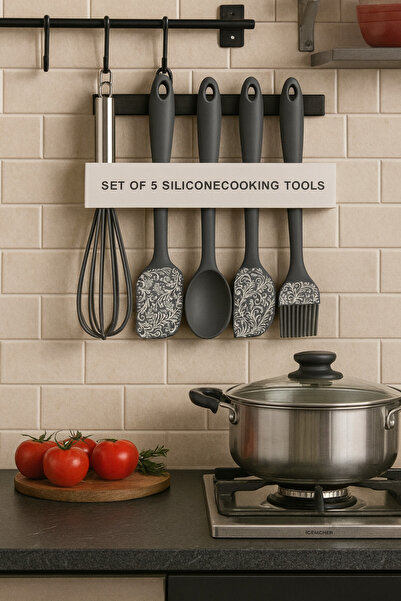 YDGR High Heat Resistant 5-Piece Silicone Kitchen Set (Whisk, Spatula, Spoon, Flat Spatula, Brush)