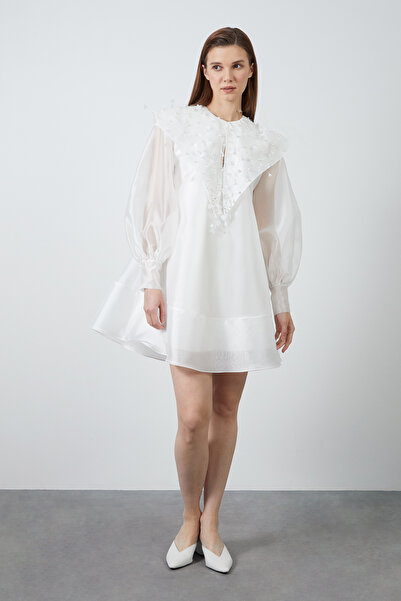 GİZİA Kolları Tül Önü İşlemeli Kloş Mini Elbise