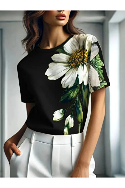 DEAG Women's Short Sleeve Crew Neck Floral Printed Single Jersey Blouse