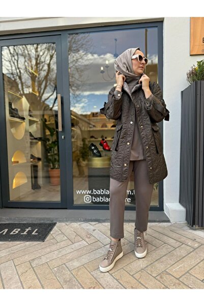 VENO Catania Khaki Green Women's Coat - Quilted Detail