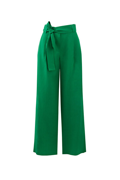 GİZİA Seyyar Kuşaklı Bol Paça Keten Koyu Pantolon