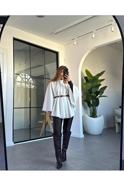 BE CHİC Γυναικείο ύφασμα μπουκλέτ με ζώνη εκρού casual poncho m5000