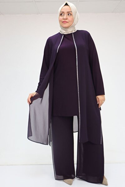 Eslina طقم بنطلون F-47048 كبير الحجم بتفاصيل حجرية من قماش الساندي-شيفون - لو...