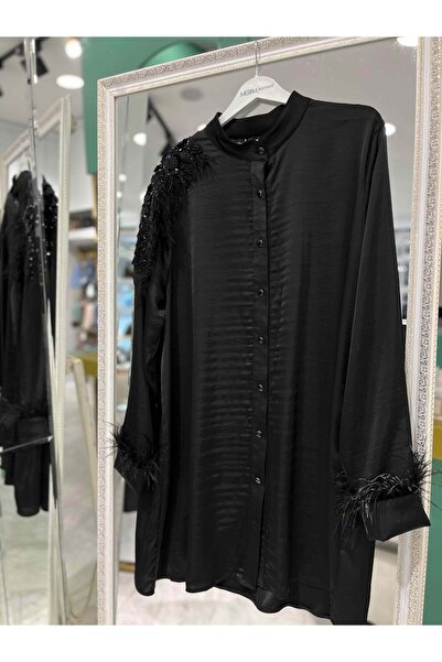 MERAM BUTİK Selinada Satin Tunic with Shoulder Embroidery 3157 - Black - 44
