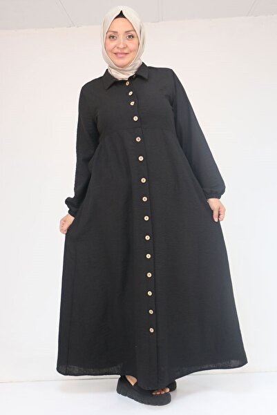 Eslina F-52024 Büyük Beden Desenli Keten Erkek Yakalı Elbise - Siyah