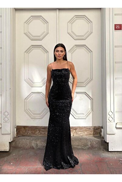 Modafeminen Uzun Abiye, Askılı Pul Payet Dekolte Kuyruklu Elbise Siyah 583220