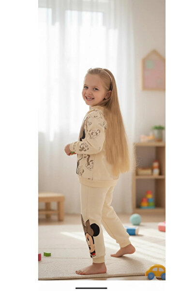 LittlePoffy Çocuk Kapüşonlu Oversize  Mickey Mouse Baskılı Alt Üst Bebek Çocuk Eşorfman Takımı