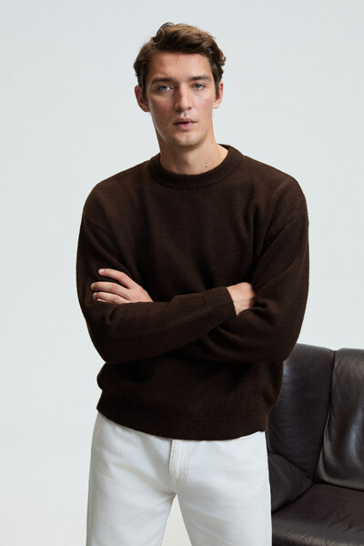 GRIMELANGE Tromso Men's Fluffy Soft Recycle Crew Neck Knitwear Brown Sweater