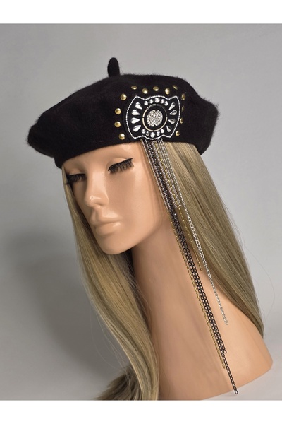 Senbeno Design ÖZGÜN TASARIM SİYAH FRANSIZ RESSAM BERESİ SALLANTI VE ZİNCİR DETAYLI