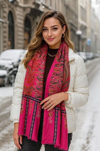 BALIENTE Şal de damă din țesătură franţuzească fucsia cu model mozaic cu frunză