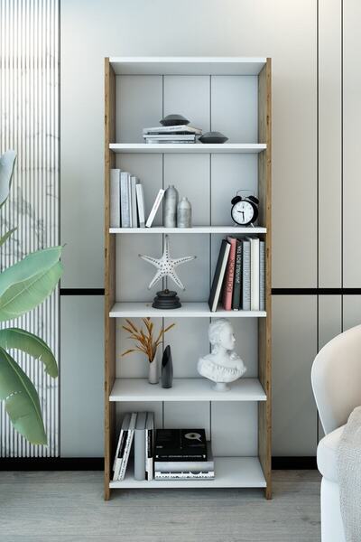 izcodesign Dekoratif 5 Raflı Modern Kitaplık – Çam Beyaz Çok Amaçlı Kitaplık ...