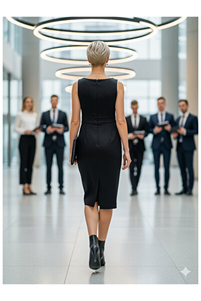 Namaste Vintage Siyah renk desenli kolsuz kalem elbise