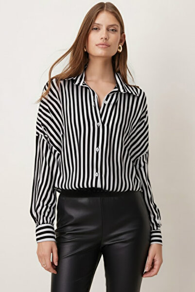 armonika Women's Black-White Thin Striped Oversize Long Basic Shirt ARM-22Y001185