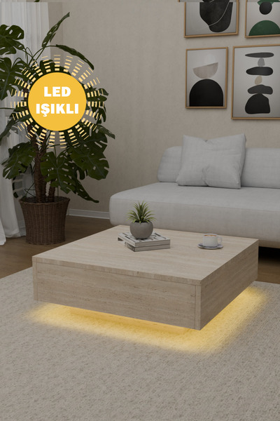 onehediye Led Işık Aydınlatmalı Uçan Kare Orta Sehpa Küp Sehpa Safir Meşe