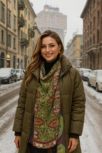 BALIENTE Şal de damă verde cu model autentic