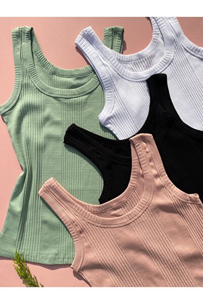 LEYNA BUTİK Striped Report Cotton Camisole Thick Straps 4-Piece White, Green,...