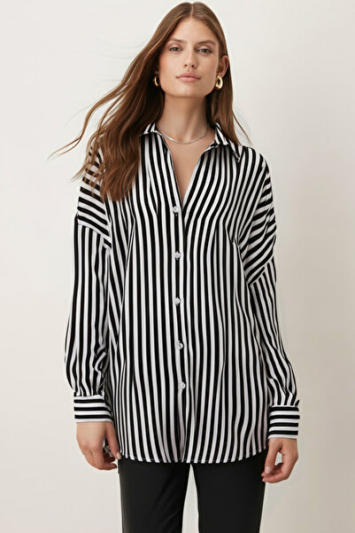 armonika Women's Black-White Thin Striped Oversize Long Basic Shirt ARM-22Y001185