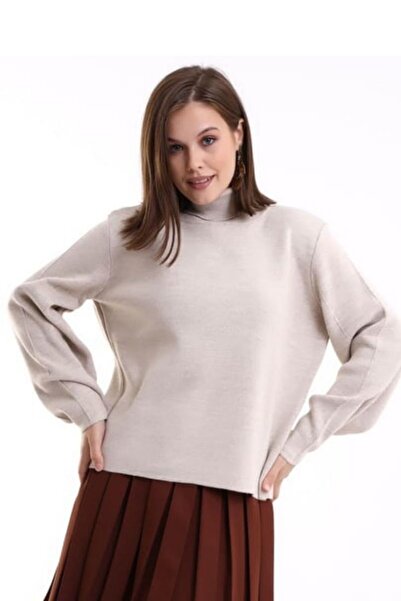 Irmak Kerekli Tricotaj de damă, bej, cu mânecă cu balon, cu gât țesut, pulove...