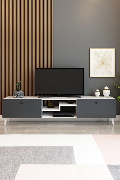 izcodesign Model Z 150 cm Antrasit Beyaz TV Ünitesi – Dekoratif Raflı 2 Kapak...