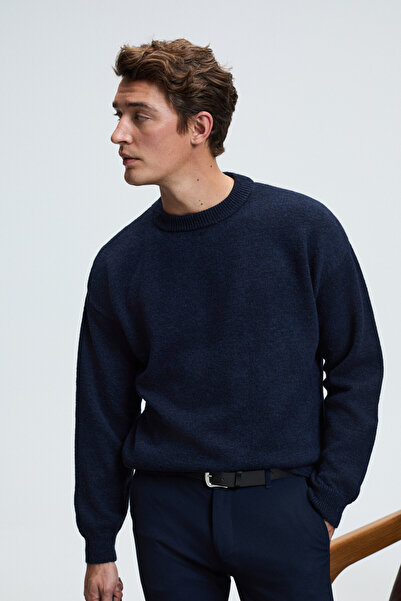 GRIMELANGE Tromso Men's Fluffy Soft Recycle Crew Neck Knitwear Navy Blue Sweater