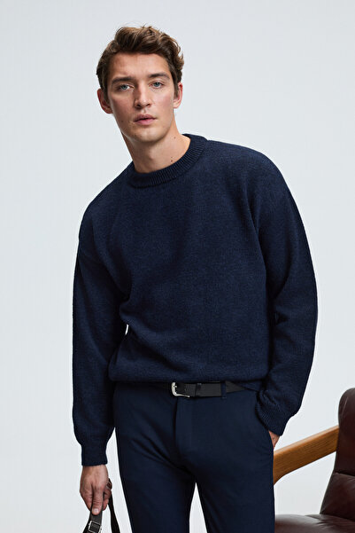 GRIMELANGE Tromso Men's Fluffy Soft Recycle Crew Neck Knitwear Navy Blue Sweater