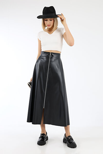 COUPEST تنورة مولانا واسعة من الجلد الصناعي باللون الأسود وسحاب أمامي طويل لل...