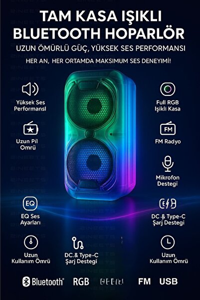 Zineets FULL Işıklı Büyük Boy Party Box Bluetooth Hoparlör Taşınabilir Şarjlı Ses Sistemi Radyolu
