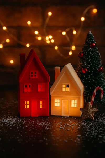 Root Made Kış Evleri 2'li Set Kırmızı Beyaz Noel Evleri Yılbaşı Süsleri Dekor Tealight Mumluk Tavşan Hediyeli