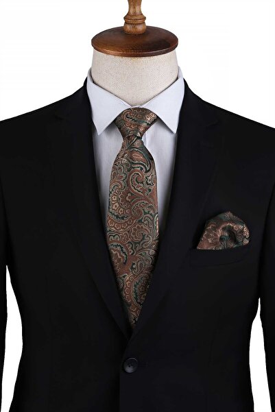 Kravatkolik Yeşil Şal Desen Mendilli Klasik Kravat KK13120