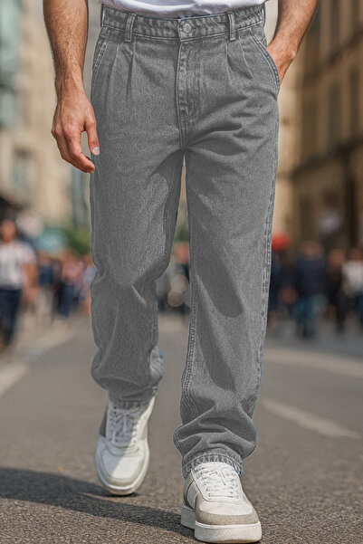 CEDY DENIM Baggy Fit Jean Neo Pleated High Waist Loose Cut Light Gray Men's Jeans C354
