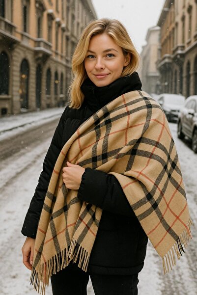 BALIENTE Μαλακό καρό μοτίβο με φούντες, χοντρό κασκόλ ώμου από σαφράν