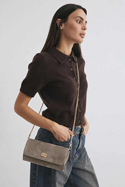 LUTVELIZADE Çanta 2531 - Önden Kapaklı Oval Vizon Süet Kadın Çanta