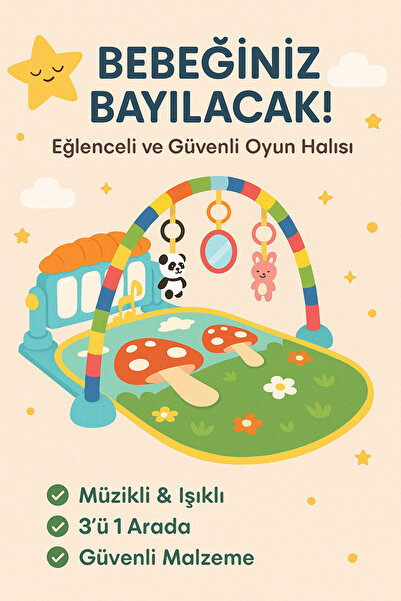 TOYARSA Sevimli Piyanolu Sesli Işıklı Aynalı Oyun Halısı