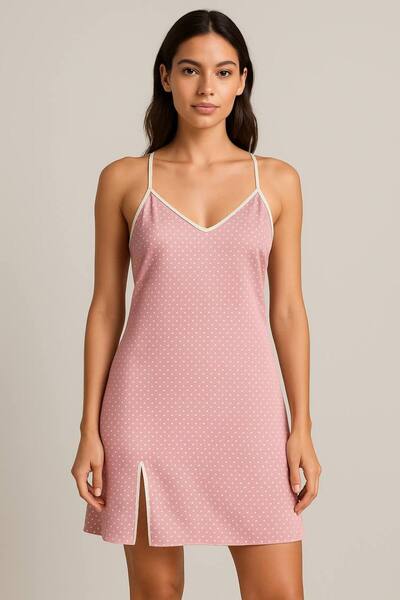 İNSPİRA Satin Short Nightgown with Slit and Cross Straps on the Back Low-Cut Satin