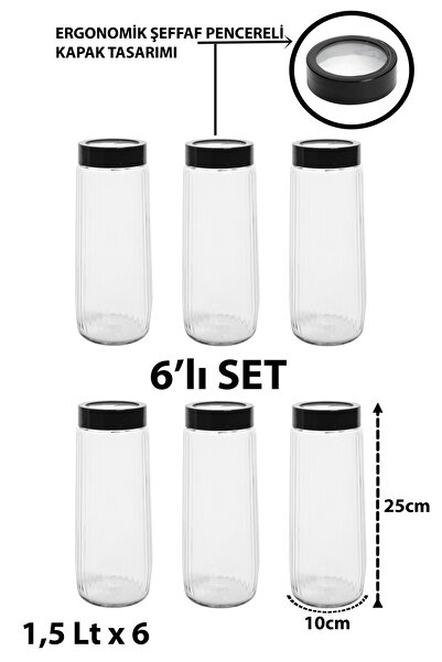 Tercih Home 6 Adet Mega Boy Uzun Dik Saydam kapaklı Çizgili Cam Kavanoz Seti 1500ml Erzak Saklama Kabı