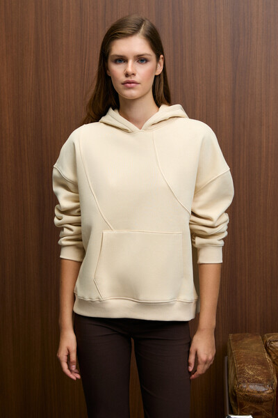 GRIMELANGE Elyra Women's Oversize Stitching Detailed Hooded Mink Sweatshirt