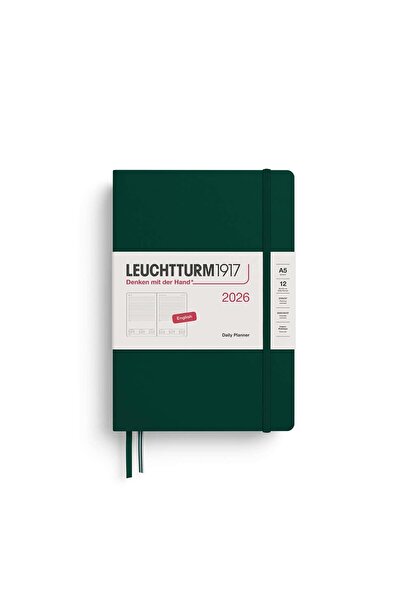 Leuchtturm1917 Orta Boy (A5) 12 Aylık Günlük Ajanda (Çizgili) 2026 Sert Kapak, İngilizce, Forest Gre