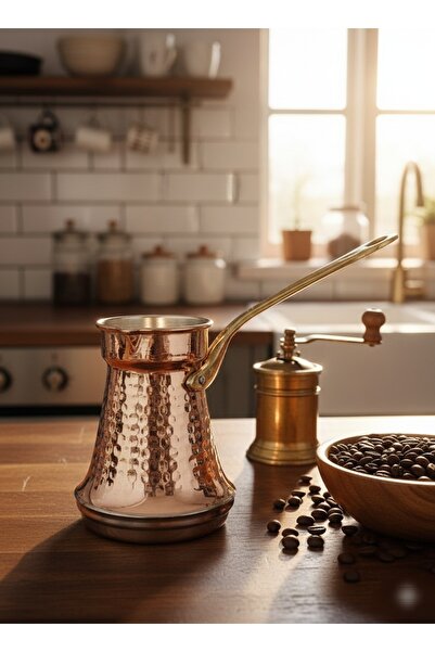 Zinnun Armoni Copper Coffee Pot with Induction Base, Brass Handle, Wide Base for 6-7 People