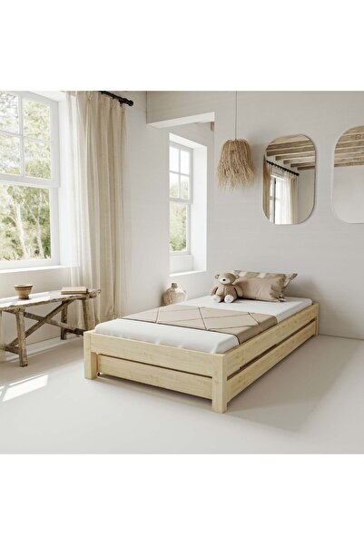 RENAZZO Canvas Model Yavrulu Doğal Çam Ahşap Karyola