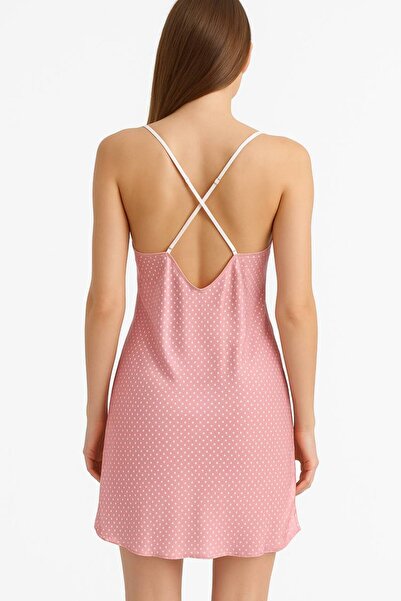 İNSPİRA Satin Short Nightgown with Slit and Cross Straps on the Back Low-Cut Satin