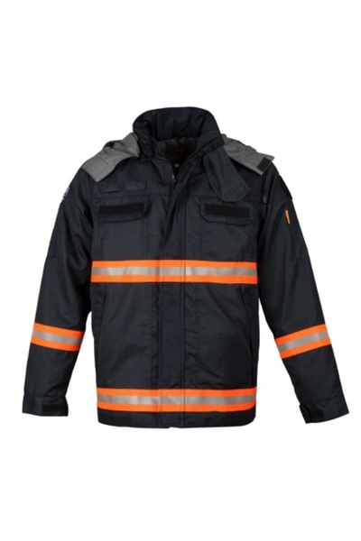 ISMONTPRO نوميكس للجنسين باللون الأزرق الداكن والبرتقالي ®   معطف أفلام ألماز بتفاصيل عاكسة بغطاء رأس مضاد للكهرباء الساكنة