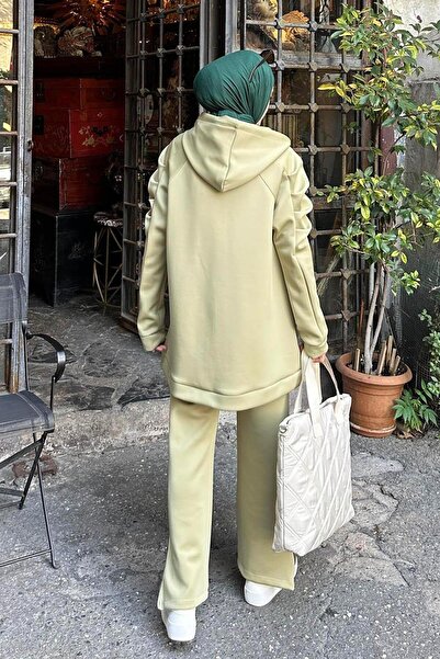 lamelif Arm Ruched Detail double scuba hijab set green