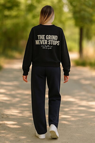 MARKATEM 3Iplik Pamuklu Back Printed Crew Neck Oversized Sweat Pantalon Suit