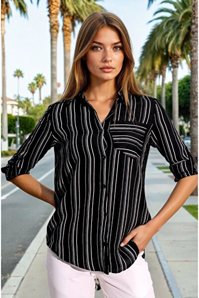 NEW LAVİVA Cămașă neagră cu dungi pentru femei - 700-3266