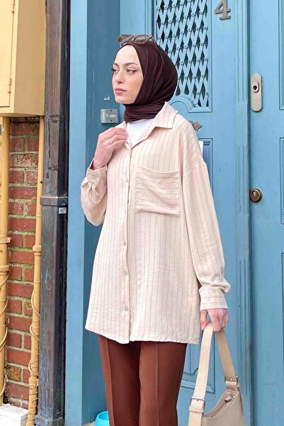 lamelif Μπεζ ριγέ πουκάμισο με μονή τσέπη